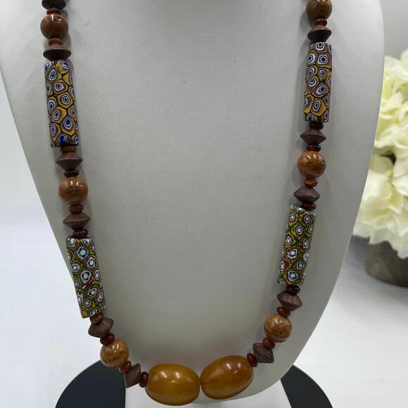 Sterling Silver Millefiori African Trade Bead Yellow Bakelite Amber Necklace - Picture 2 of 14